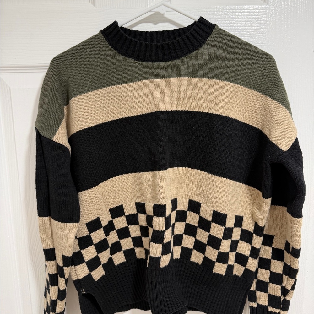 Beach Riot Olive, Cream & Black Checkerboard Crewneck Sweater